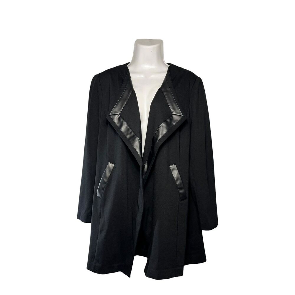 Lane Bryant Womens Blazer Jacket 14/16 Black Leather Trim Open Front Goth Edgy